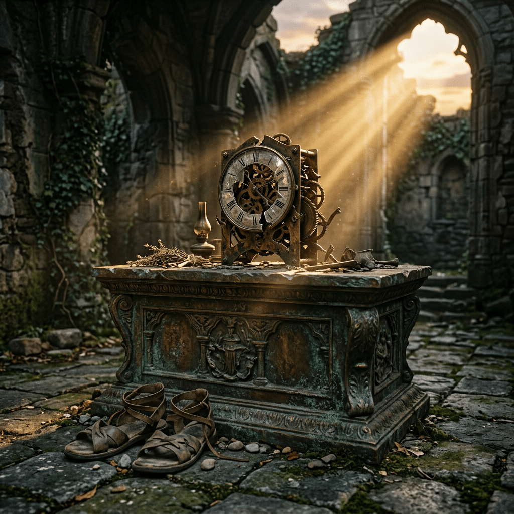 An ancient bronze altar with weathered textures, featuring rugged leather sandals on the cobblestone floor and a shattered antique brass clockwork engine on the surface, illuminated by a dramatic, piercing beam of light in a ruined stone temple.